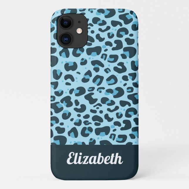 Trendy shades of blue leopard spot print w/ name Case-Mate iPhone case (Back)