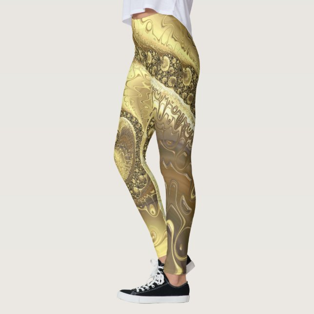 Trendy Shades of Gold Fractal Swirls Pattern Leggings (Left)