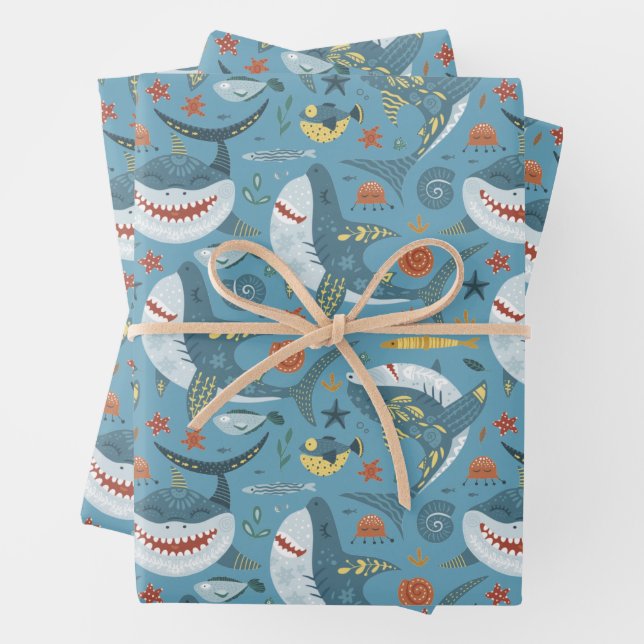 Trendy Shark Gifts Birthday Green Blue Marine Wrapping Paper Sheet (In situ)