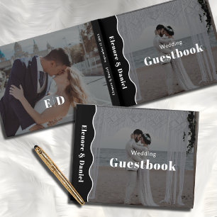 Trendy Side Wave Black and White 2 Photo Wedding Guest Book