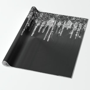Trendy Silver Black Glitter Drips Graphic Wrapping Paper