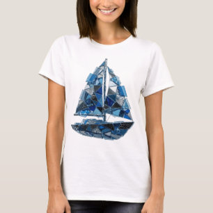 Trendy Silver BLUE GLASS SAILBOAT Text Design T-Shirt
