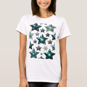 Trendy Silver BLUE STARS 3D Text Art T-Shirt