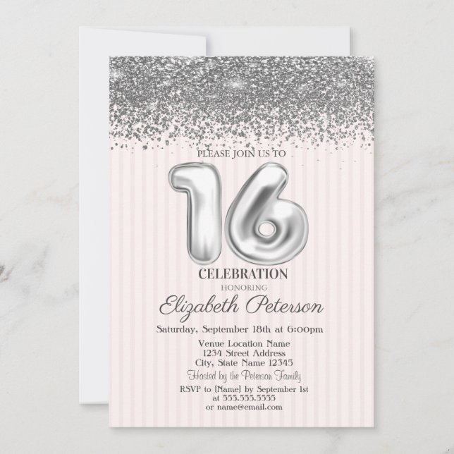 Trendy Silver Diamonds Striped Sweet 16 Invitation (Front)