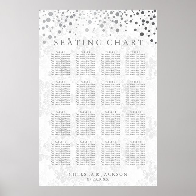 Trendy Silver Dots on White Damask- Seating Chart (Front)