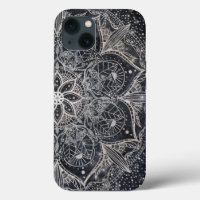 Trendy Silver Floral Mandala Blue Marble Design