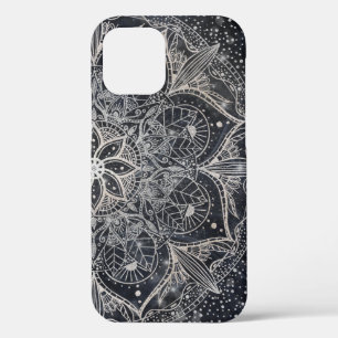 Trendy Silver Floral Mandala Blue Marble Design iPhone 12 Case