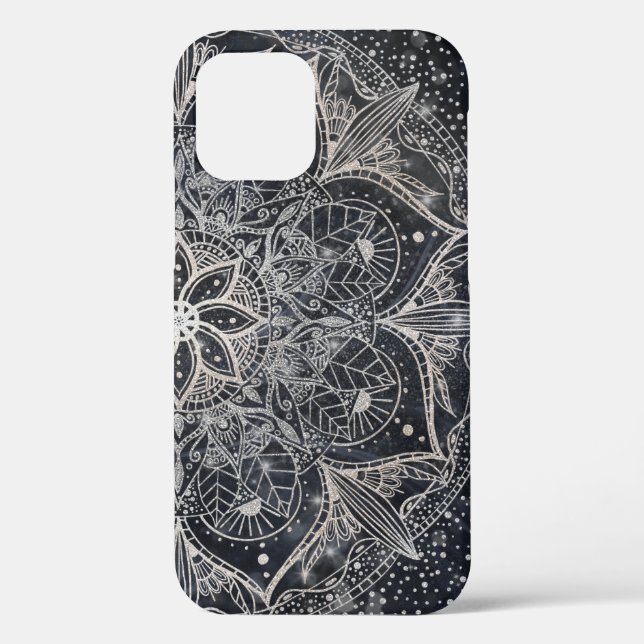 Trendy Silver Floral Mandala Blue Marble Design Case-Mate iPhone Case (Back)