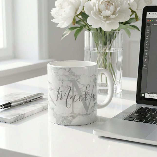 Trendy Silver Foil Marble Monogram Coffee Mug (Creator Uploaded)