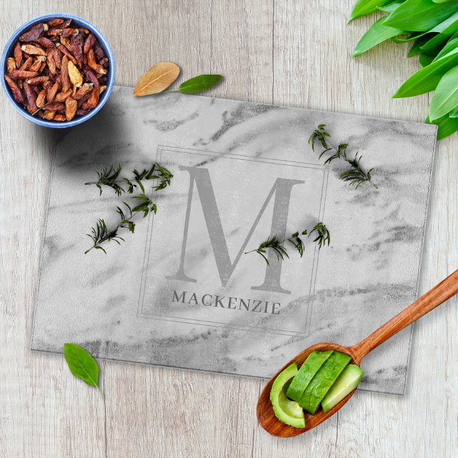 Trendy Silver Foil Metallic Marble Monogram Cutting Board (Creator Uploaded)
