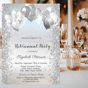Trendy Silver Glitter Confetti Balloons Retirement Invitation