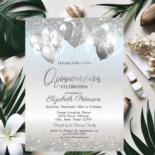Trendy Silver Glitter Diamonds Balloons Invitation