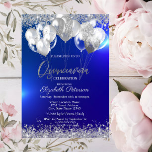 Trendy Silver Glitter Diamonds Balloons  Navy Blue Invitation