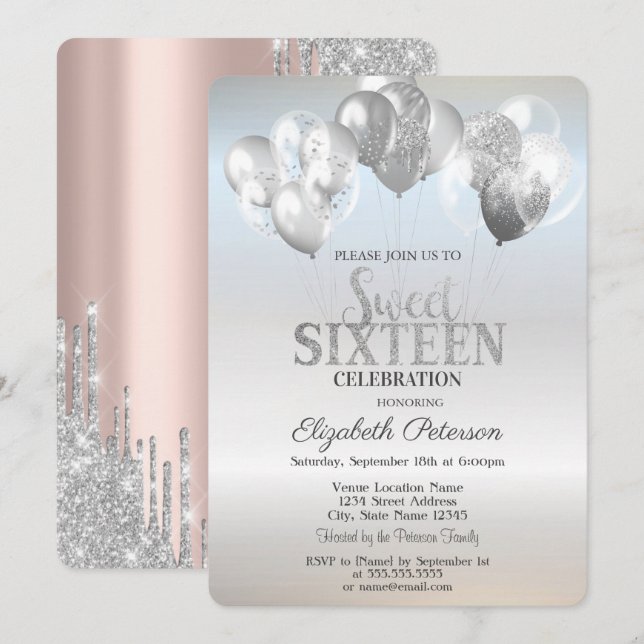 Trendy Silver Glitter Drips Balloons Sweet 16  Invitation (Front/Back)