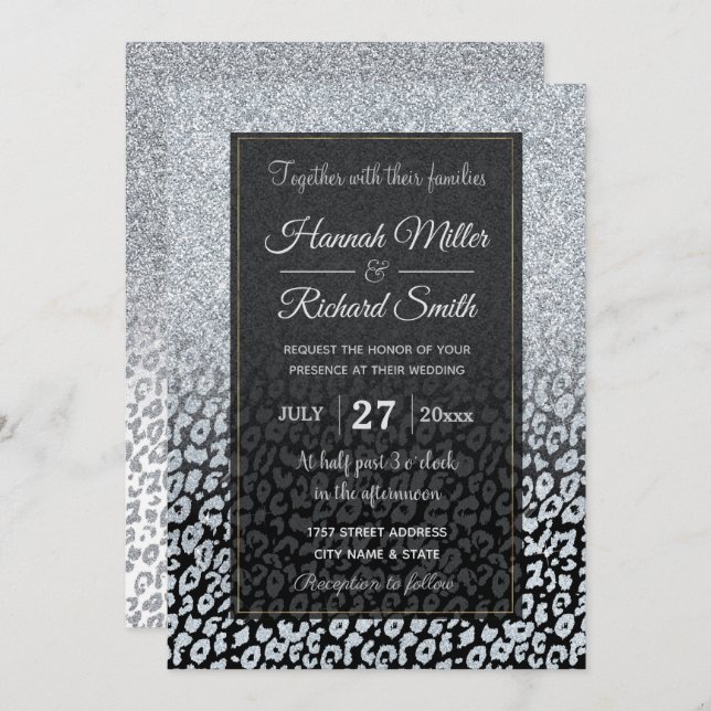 Trendy Silver Glitter & Leopard Ombre Black Print Invitation (Front/Back)