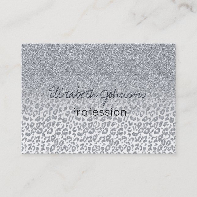 Trendy Silver Glitter & Leopard Print Ombre Design Business Card (Front)