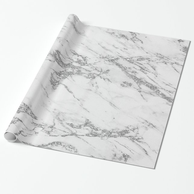 Trendy Silver Glitter Marble Glossy Wrapping Paper (Unrolled)
