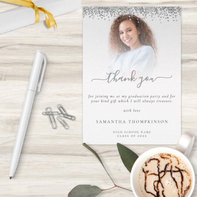 Trendy Silver Glitter Photo Graduation  Thank You Card (Creator Uploaded)