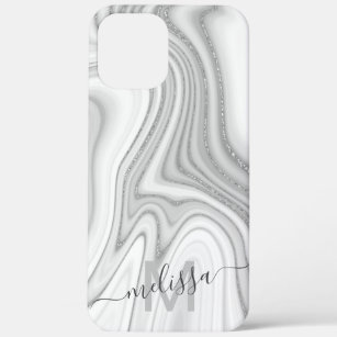 Trendy silver glitter sparkle marble name monogram iPhone 12 pro max case
