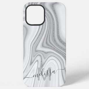 Trendy silver glitter sparkle marble name monogram iPhone 12 pro max case