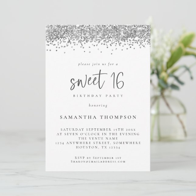 Trendy Silver Glitter Sweet 16 Birthday Party Invitation (Standing Front)