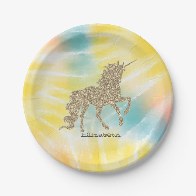 Trendy Silver Glitter Unicorn Tie Dye  Paper Plate (Front)