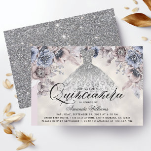 Trendy Silver Gown Floral Photo Quinceañera  Invitation