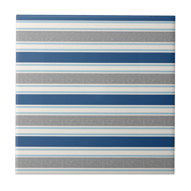 Trendy Silver Grey And Blue Stripes Pattern Ceramic Tile (Front)