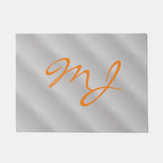 Trendy Silver Grey Orange Monogram Doormat (Front)