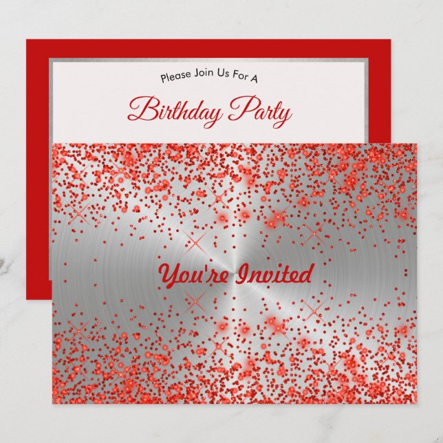 Trendy Silver Metallic Red Glitter  Birthday Invitation (Front/Back)