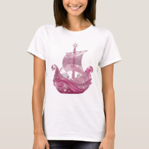 Trendy Silver PINK GLITTERY SHIP 3D Text Art T-Shirt