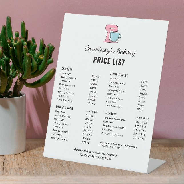 Trendy Simple Bakery Clipart Cakes Price List Sign (Trendy bakery food menu sign design in white with cute bakery mixer illustration & bold typography)