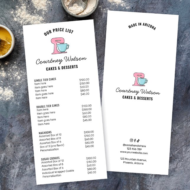 Trendy Simple Cake Desserts Bakery Menu Price List (Trendy simple baker food menu price list in white and pink with modern handwritten fonts)