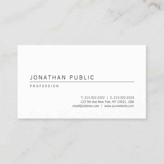 Trendy Simple White Elegant Template Modern Top Business Card (Front)