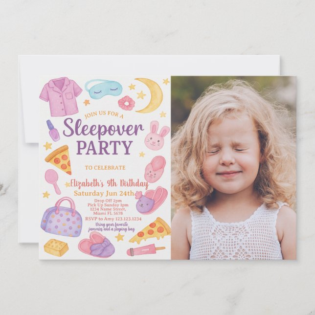 Trendy Sleepover Birthday Invitation with photo (Front)