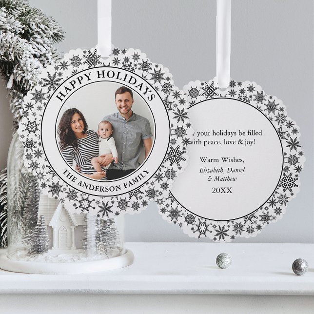Trendy Snowflakes Black and White Happy Holidays Tree Decoration Card (A greeting card that is also an ornament! Customize with your photo and personalized text.)
