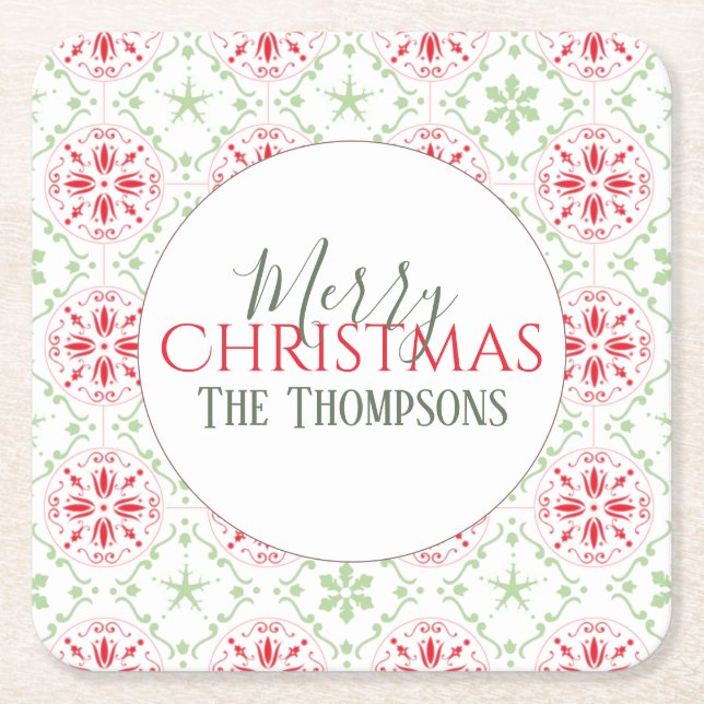 Trendy Snowflakes Holiday Green Whimsical Square Paper Coaster (Front)