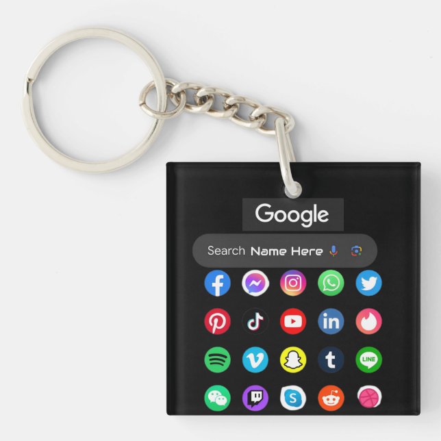 Trendy Social Media Icons Google Search Bar Black Key Ring (Front)