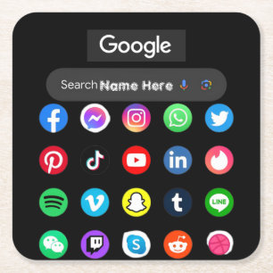 Trendy Social Media Icons Google Search Bar Black Square Paper Coaster
