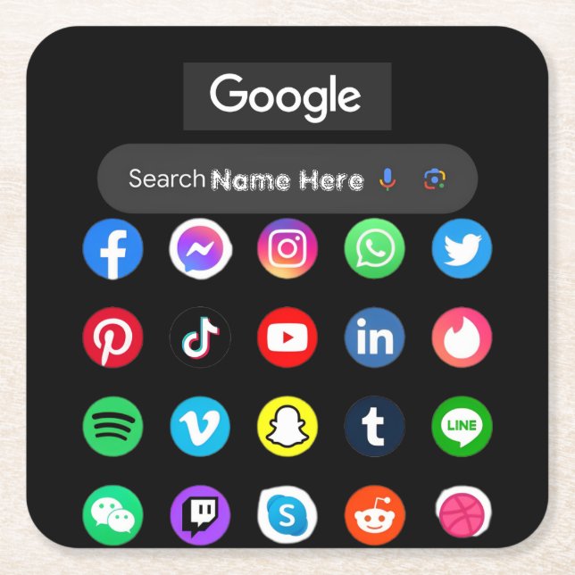 Trendy Social Media Icons Google Search Bar Black Square Paper Coaster (Front)