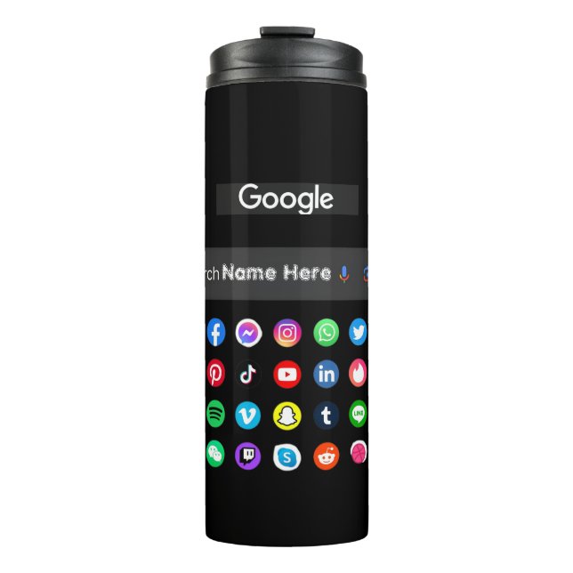 Trendy Social Media Icons Google Search Bar Black Thermal Tumbler (Front)