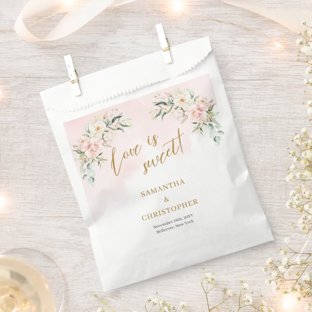Trendy soft pink roses eucalyptus gold wedding favour bag (Clipped)