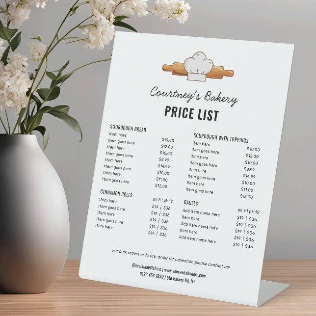 Trendy Sourdough Bread Bakery Price List Menu Pedestal Sign (Modern simple bread bakery price list menu sign with rolling pin and chef's hat bakery clipart)