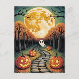 Trendy spooky Halloween Pumpkin Ghost Moon forest  Postcard