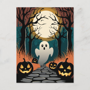 Trendy spooky Halloween Pumpkin Ghost Moon forest Postcard
