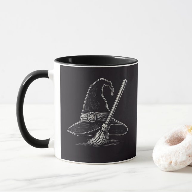 Trendy Spooky Halloween witch hat and broom black  Mug (With Donut)