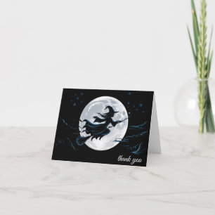 Trendy Spooky Halloween witch hat and broom black Thank You Card