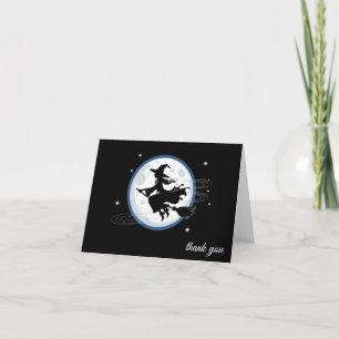 Trendy Spooky Halloween witch hat and broom black Thank You Card