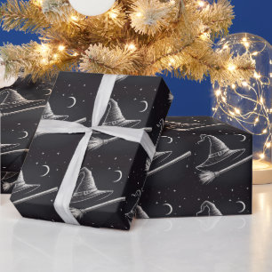 Trendy Spooky Halloween witch hat and broom black  Wrapping Paper