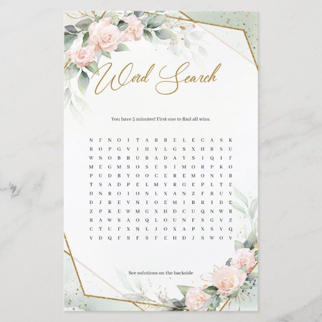 Trendy spring boho blush roses gold Word Search (Front)